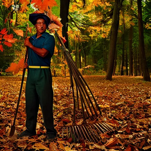 Prompt: closeup portrait of a cleaner with a huge rake in a fall forest, sports photography, by Neil Leifer and Steve McCurry and David Lazar, natural light, detailed face, CANON Eos C300, ƒ1.8, 35mm, 8K, medium-format print