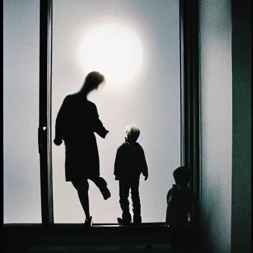 Image similar to cinematic shot of a woman and her son levitating like astronauts in a room without gravity, lens flare from a window, cinestill 800t