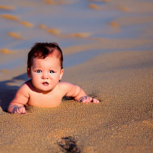 Prompt: a baby named sun with curly light brown hairs playing on the beach sand with a cyan bikini in the style of thierry dussac