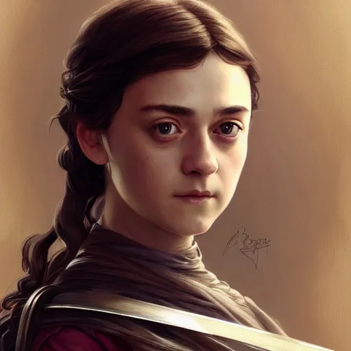 Image similar to portrait of arya stark, intricate, elegant, highly detailed, digital painting, artstation, concept art, smooth, sharp focus, illustration, art by artgerm and greg rutkowski and alphonse mucha and william - adolphe bouguereau