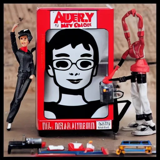 Image similar to audrey hepburn cos play car mechanic, stop motion vinyl action figure, plastic, toy, butcher billy style