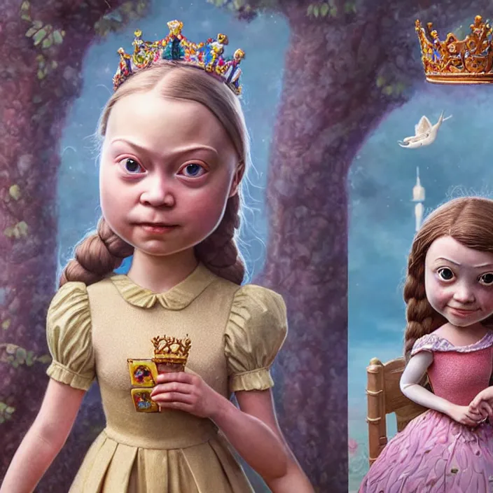 Image similar to highly detailed closeup, face profile portrait of greta thunberg as a tin toy fairytale princess wearing a crown eating cakes, bikini, unreal engine, nicoletta ceccoli, mark ryden, earl norem, lostfish, global illumination, detailed and intricate environment