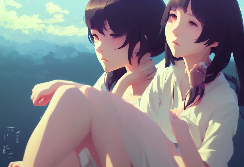 Image similar to portrait of a girl by ilya kuvshinov, cloudy sky background lush landscape illustration concept art anime key visual trending pixiv fanbox by wlop and greg rutkowski and makoto shinkai and studio ghibli