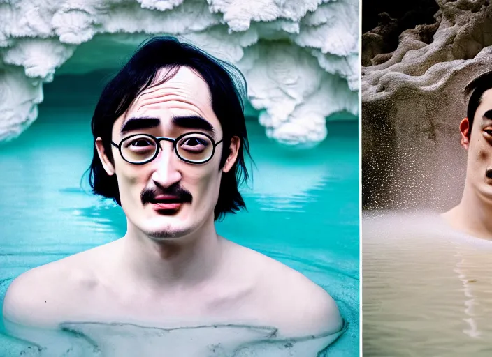 Image similar to Kodak Portra 400, 8K, soft light, volumetric lighting, highly detailed, portrait photo of a Filthy Frank by WLOP, the face emerges from a Pamukkale, thermal waters flowing down white travertine terraces with lotus flowers, inspired by Ophelia paint , blue shirt and hair are intricate with highly detailed realistic beautiful flowers , Realistic, Refined, Highly Detailed, ethereal lighting colors scheme, outdoor fine art photography, Hyper realistic, photo realistic, masterpiece