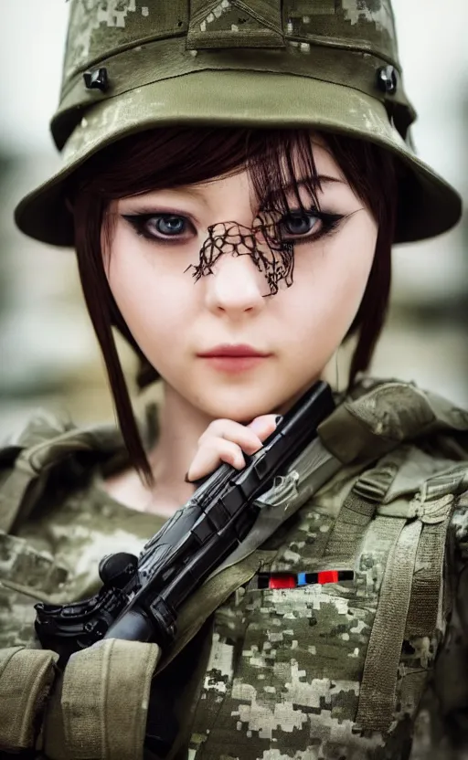 Prompt: portrait photo, highly detailed, high resolution, cosplay photo, stunning, girls frontline style, bokeh soft, shot on 70mm, zenithal lightning, trending on instagram, by award winning photographer, realistic human anatomy, real human faces, realistic military carrier, soldier clothing, modern warfare, empty hands, shot with a canon, low saturation, soldier clothing