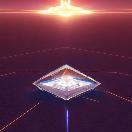 Image similar to four huge angular vertical floating complex translucent crystals in the desert, reflection from the crystal is sparkling due to sun, small retro starship in the sky, futuristic hi-tech details, art by anthony macbain + greg rutkowski + alphonse mucha, concept art, 4k, sharp focus, cinematic render unreal engine