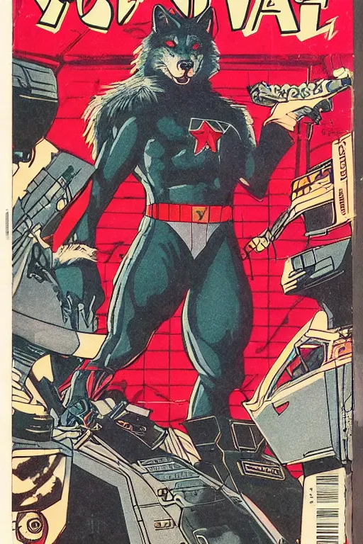 Prompt: 1 9 8 0 s comic book title cover scan, highly detailed professional comic art, featuring a portrait of the villain anthropomorphic dark grey wolf o'donnell from starfox fursona furry wolf, in a dark leather space mercenary outfit, 8 0 s sci - fi comic art, marvel 8 0 s style
