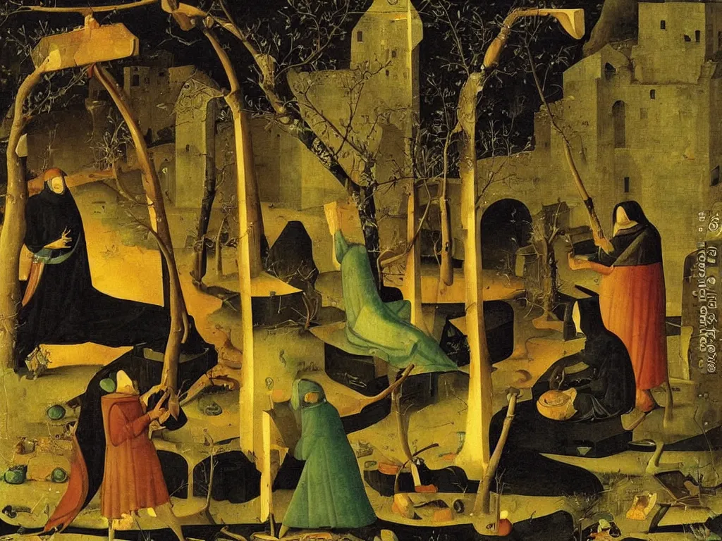 Prompt: obituary for an alchemist at night. simple painting by uccello paolo, bosch