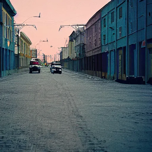 Image similar to close up kodak portra 4 0 0 photograph of futuristic street of norilsk russian city, moon orbit, moody lighting, telephoto