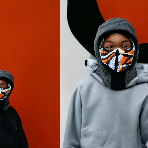 Image similar to realistic! photoshoot for a new the north face lookbook, color film photography, portrait of a beautiful woman wearing a balaclava mask, photo in style of tyler mitchell, 35mm lens