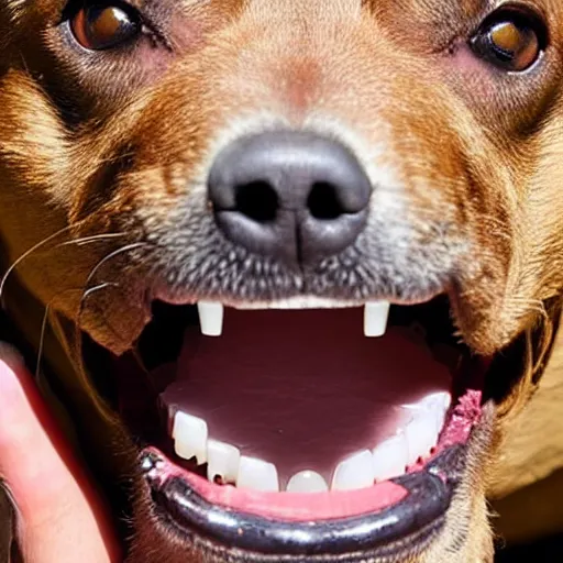 Prompt: a dog opening its mouth to reveal human teeth that are highly detailed, very very realistic human teeth
