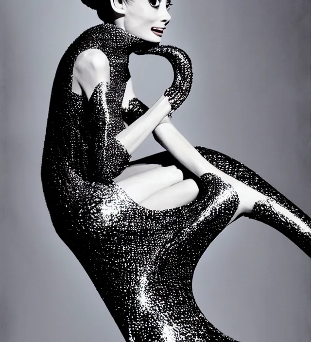 Image similar to photography of seductive actress audrey hepburn wearing an exraordinnary but element dresse by * iris van herpen *. accent lighting,, highly detailed, photography by paolo roversi, nick knight, helmut newton, avedon, araki