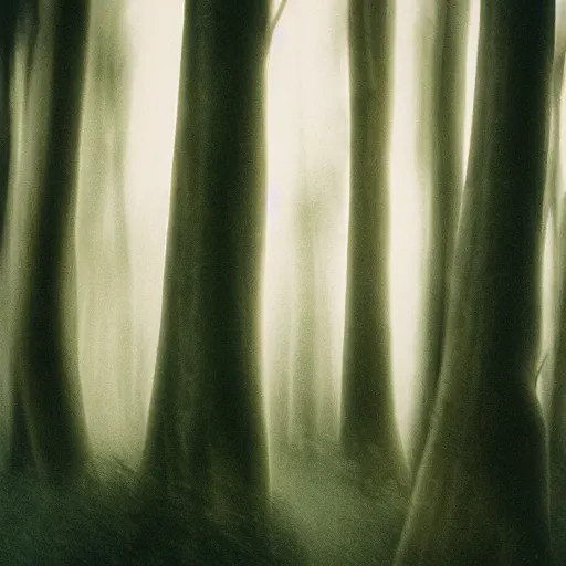 Image similar to long exposure photograph of eucalyptus trees, strong wind, soft focus, back light, mamiya, photographed by uta barth