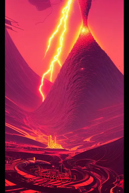 Prompt: artwork by kilian eng and toshi yoshida and moebius showing a futuristic powerstation!! in front of a ( ( exploding volcano ) ), vintage scifi, high details, dramatic lightning,, 8 k