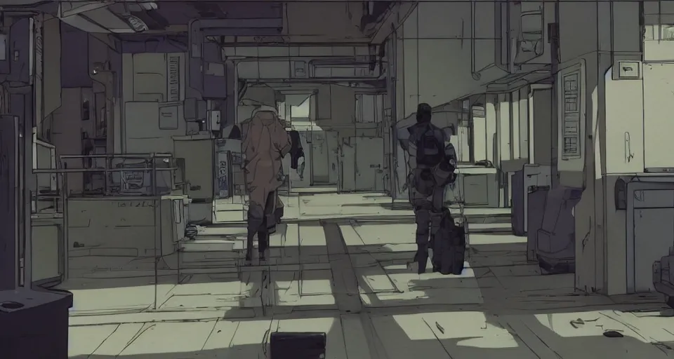 Image similar to Scene within the location called 'Public security section 9'. interior environment bg. Screenshot from an episode of the anime 'Ghost in the shell: Stand Alone Complex' (2003). Produced by 'Production I.G'. Original manga by Masamune Shirow. Art direction by Kazuki Higashiji and Yuusuke Takeda.