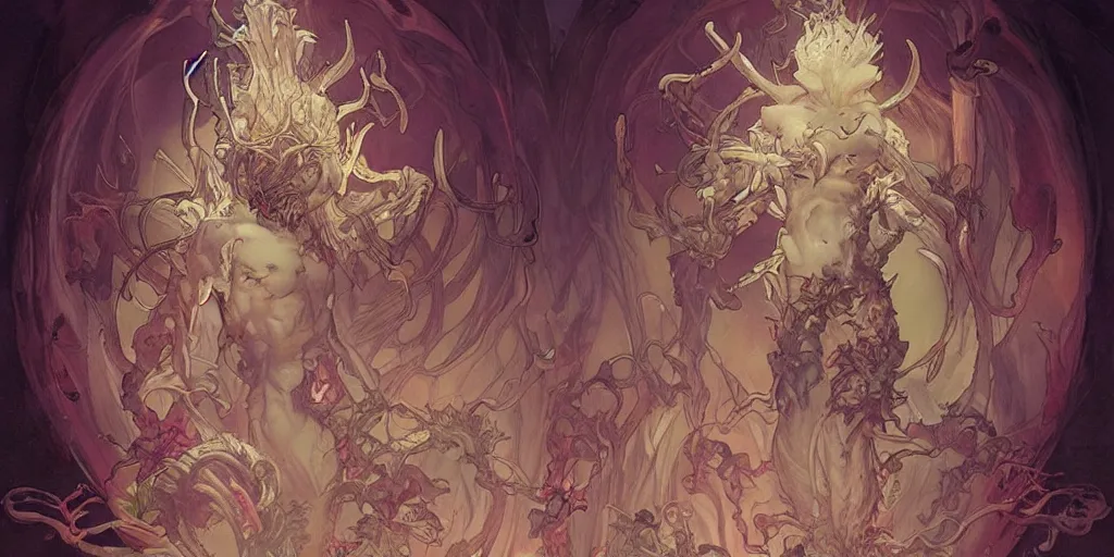 Image similar to epic concept illustration of a fungus demon god, by james jean, by artgerm and greg rutkowski and alphonse mucha. uhd, amazing depth, cinematic lighting, glossy wet levitating floating fungus god with arms outstretched.