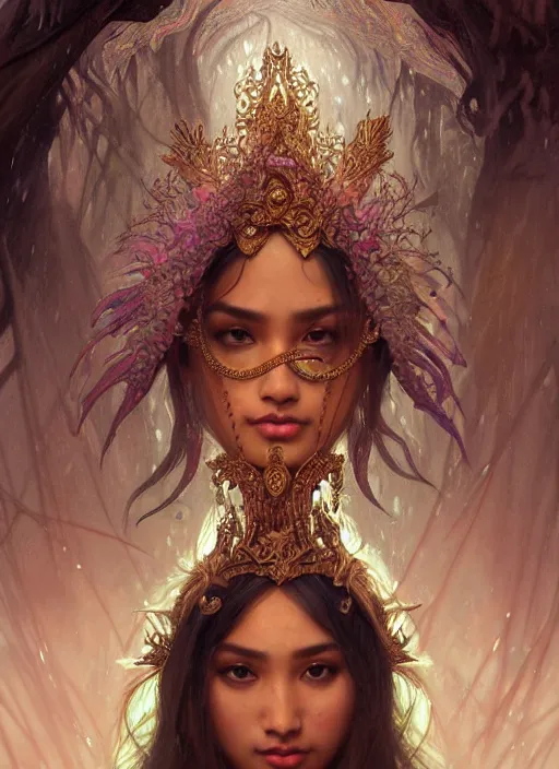 Image similar to kuntilanak on bayan tree, d & d, wet, shiny, fantasy, details face, details intricate, baroque, elegant, dramatically art, ultra definition, digital painting, artstation, concept art, smooth, sharp focus, illustration, art by artgerm and greg rutkowski and alphonse mucha and garis edelweiss and alex flores