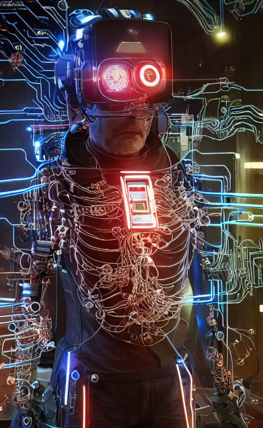 Prompt: a beautiful photo of a middle - aged bionic male cyborg, cyberpunk, intricate wiring, electronic components, color diodes, vr helmet, volumetric light, photography, dynamic lighting, color, intricate, extremely detailed, photorealistic, stunning, unreal engine 5