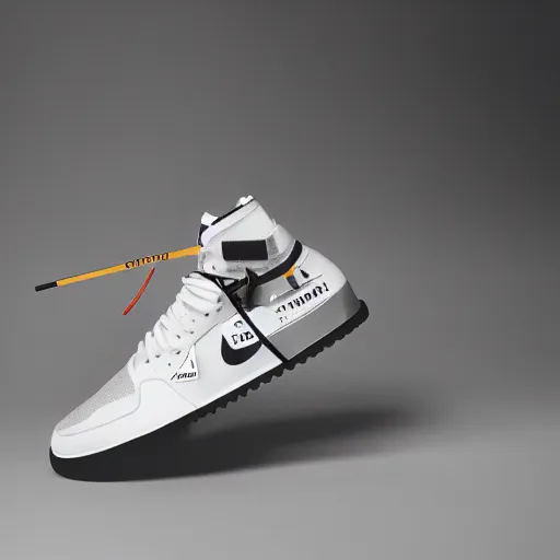 Image similar to a studio photoshoot of A Nike sneaker designed by Virgil Abloh, Off-White, realistic, color film photography by Tlyer Mitchell, 35 mm, graflex