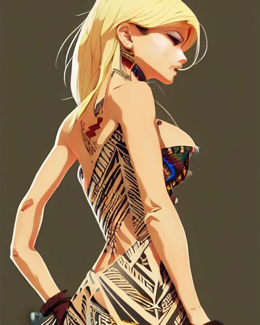 Image similar to blond woman in a tribal ripped dress, by artgerm, by studio muti, greg rutkowski makoto shinkai takashi takeuchi studio ghibli