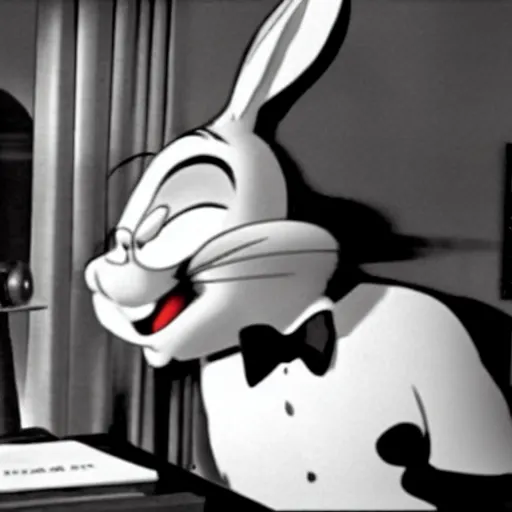 Prompt: movie still, bugs bunny in 1 9 3 0 s film noir movie, black and white