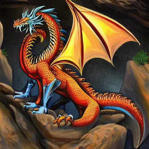 Prompt: beautiful painting kf a dragon guarding a cave