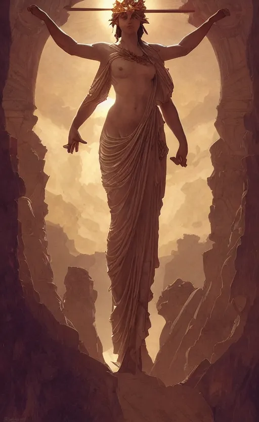 Prompt: solarpunk four armed statue of the goddess of the sun helios descending from olympus, four arms, artstation, concept art, smooth, sharp focus, illustration, art by artgerm and greg rutkowski and alphonse mucha and william adolphe bouguereau and john william waterhouse and gianlorenzo bernini