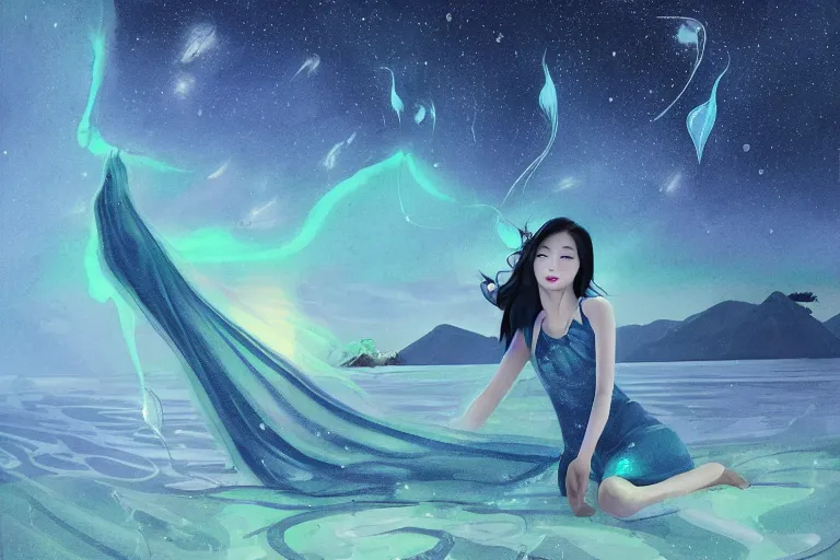 Prompt: beautiful Wizard Korean Goddess wearing chic dress relaxing at the Sea Of Stars of Vaadhoo Island Maldives, Bioluminescent sea plankton that shines bright blue during the night makes the sea area, glowing water, intricate, elegant, luxurious, digital painting, concept art, smooth, sharp focus, from Star Trek 2021, illustration, by WLOP and Ruan Jia and Mandy Jurgens and William-Adolphe Bouguereau, Artgerm