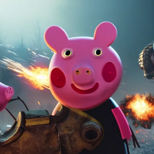 Image similar to Peppa pig in Gears of War, splash art, movie still, cinematic lighting, dramatic, octane render, long lens, shallow depth of field, bokeh, anamorphic lens flare, 8k, hyper detailed, 35mm film grain