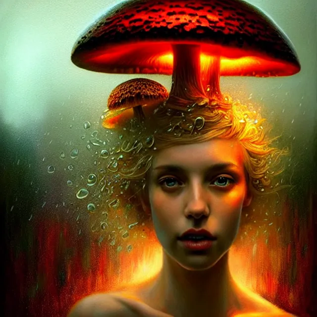 Image similar to bright portrait surreal mushrooms rain on face and wet hair, diffuse overhead lighting, fantasy, intricate, elegant, dramatic lighting, highly detailed, lifelike, photorealistic, digital painting, artstation, illustration, concept art, smooth, sharp focus, art by John Collier and Albert Aublet and Krenz Cushart and Artem Demura and Alphonse Mucha