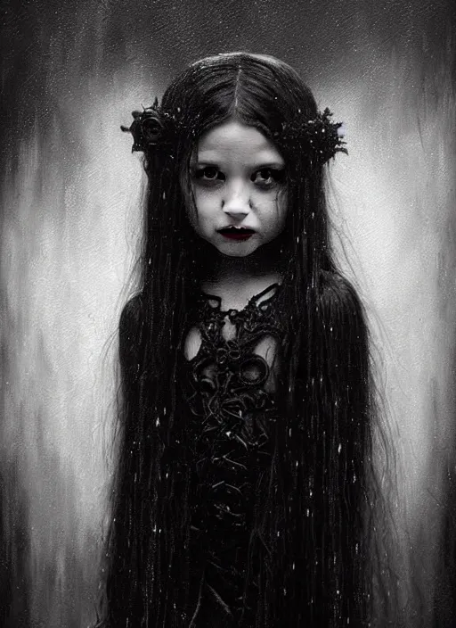Image similar to highly detailed oil painting | very intricate | cinematic lighting | black, white and blood color scheme, dark background | portrait of a exquisite beautiful vampire little girl with long elegant tangles of black hair, eyes, gothic fog ambience, hyper realistic head, fantasy victorian art, in the style of greg rutkowski, zdizslaw beksinski, intricate, alphonse mucha