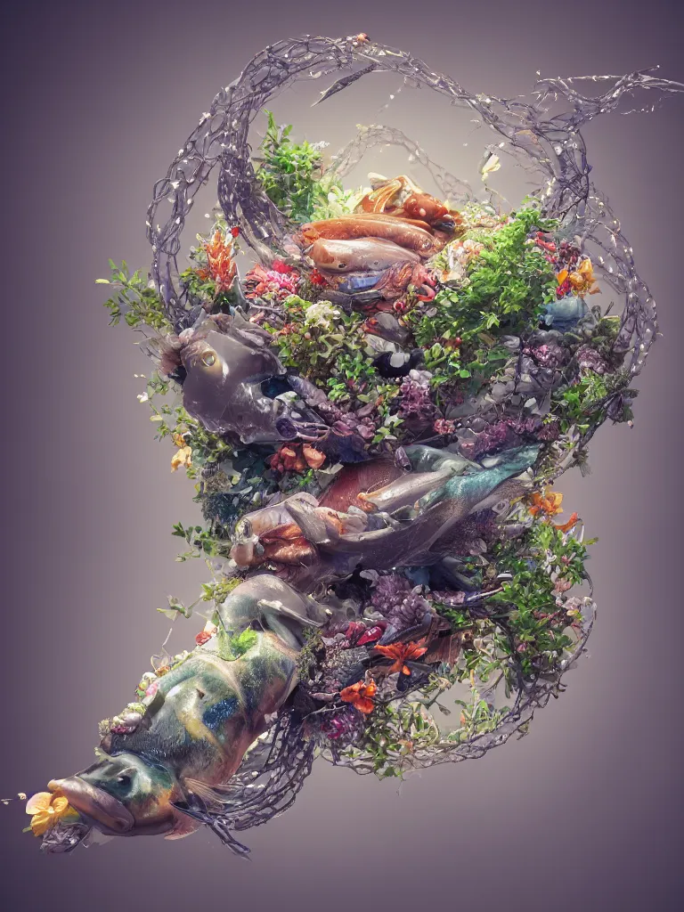 Prompt: a sculpture of fish ocean intertwined, led lighting, a lovely cornucopia of flowers and human body parts, body parts, highly detailed, octane render, cinematic, shock, sharp focus, ball, an independent psycho, clean, studio lighting