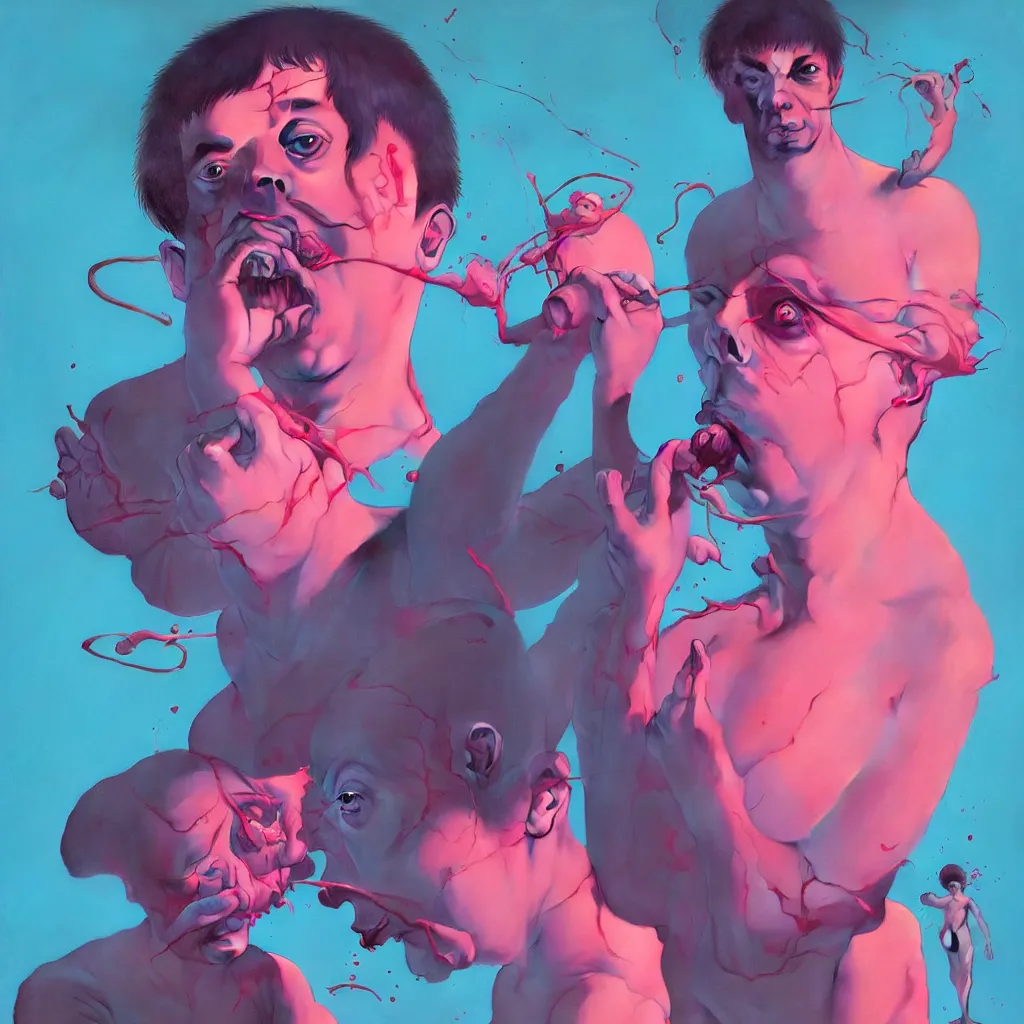 Image similar to weird and disturbing portrait of todd solondz puking blood, todd solondz, vivid colors, neon, art by ( ( ( kuvshinov ilya ) ) ) and wayne barlowe and francis bacon and artgerm and wlop and william - adolphe bouguereau