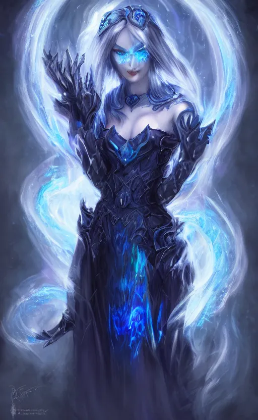 Image similar to Gothic elf princess in dark and blue dragon armor. By Konstantin Razumov, Fractal flame, chiaroscuro, holographic!!!, highly detailded