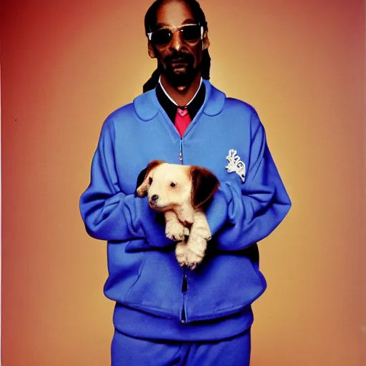 Image similar to Snoop Dogg holding a puppy for a 1990s sitcom tv show, Studio Photograph, portrait, C 12.0