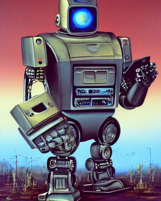 Image similar to a robot made of 8 0 s era technology, vintage shapes, retro technology, vintage color, wayne barlow, oil on canvas, deep depth of field, masterpiece, cinematic composition, hyperdetailed