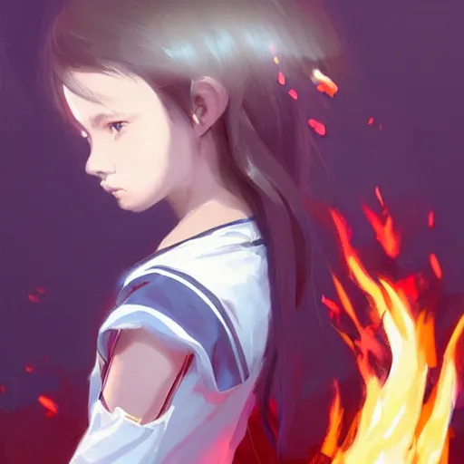 Prompt: Full body, splash art by WLOP, Ilya kuvshinov, Krenz Cushart, and Greg Rutkowski, trending on artstation. Realistic fantasy cute Native Indian young girl with silky hair, wearing a red-sleeved white t-shirt with jeans, she has fire powers, her hair glows astonishing fire flames, Cinematic dramatic atmosphere of a mystic forest, sharp focus, soft volumetric studio lighting