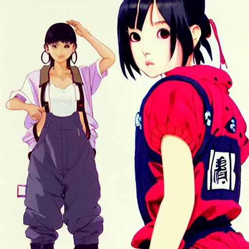 Image similar to a beautiful japanese natalie portman gravure model, wearing oversized native designer bomber jacket and leotard with overalls, bulky poofy bomber jacket with mesoamerican patterns, mesoamerican native street fashion, gapmoe yandere grimdark, trending on pixiv fanbox, painted by greg rutkowski makoto shinkai takashi takeuchi studio ghibli, akihiko yoshida