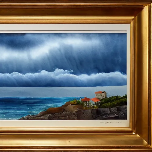 Image similar to a watercolor landscape panorama of a cozy seaside village with a menacing storm cloud on the ocean horizon, highly detailed, masterpiece, very very aesthetic, by anthony micallef