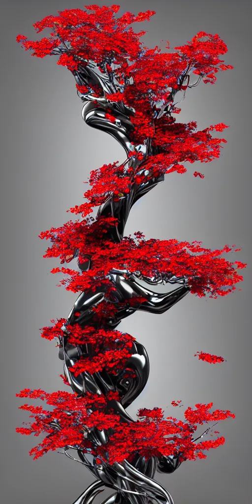 Prompt: 3 d photographic render of an ancient sculpture with red sakura flowers made of chrome, chrometype, made of liquid metal, neotribal with metallic thorns and thunders, raytracing, hyper realistic, volumetric lightning, 8 k, by zhelong xu and ouchh studio