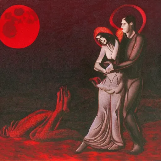 Prompt: betrayal of lovers under a red moon