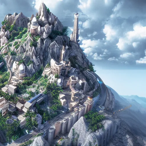 Prompt: Hyper realistic innovation city, perfectly detailed mountain on which stands the tower of the future , fantastically beautiful particles of magic around the tower , delightful clouds, stunningly detailed light, In arcane style, octane render - W 1024