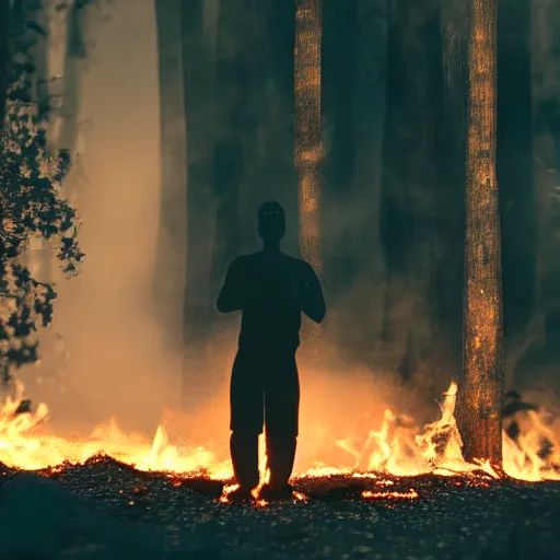 Prompt: a human figure emerging from fire ash, cinematic lighting, ultra realistic, bokeh