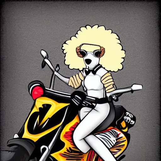 Prompt: anthropomorphic punk poodle girl in a leather jacket on a motorcycle, digital art, stylized