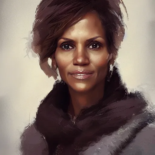 Prompt: portrait of maci holloway, first woman elected as president in usa, cold but beautiful, about 3 5 years old, highly detailed, mix of halle berry and julia roberts, artstation hd, deviantart, by artgem, greg rutkowski