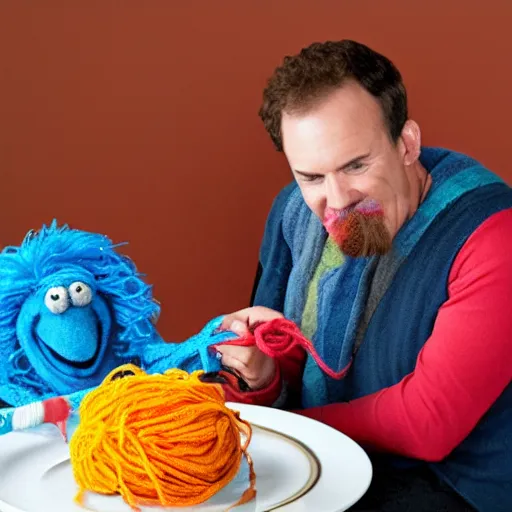 Prompt: a man eating colorful yarn, with a dinner plate of a pile of muppets