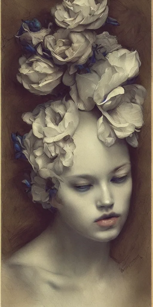 Image similar to highly detailed beautiful photography of flower, sharp focus, dramatic, dynamic, lighting, elegant, blue background, harmony, beauty, masterpiece, by roberto ferri, by kim jung gi, pencil draw