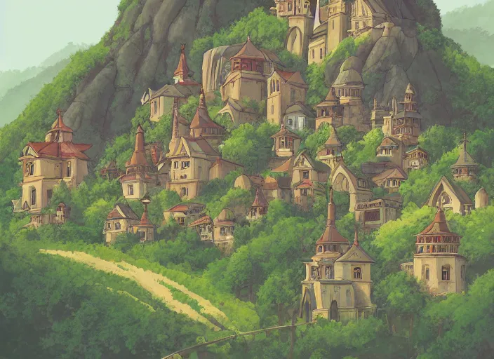 Image similar to view of a monastery on a forested mountain, in the style of studio ghibli, distant, detailed, artstation, award winning illustration,