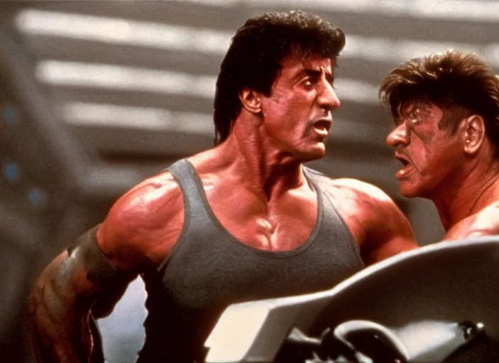 Image similar to sylvester stallone in a still from the movie Total Recall (1990)