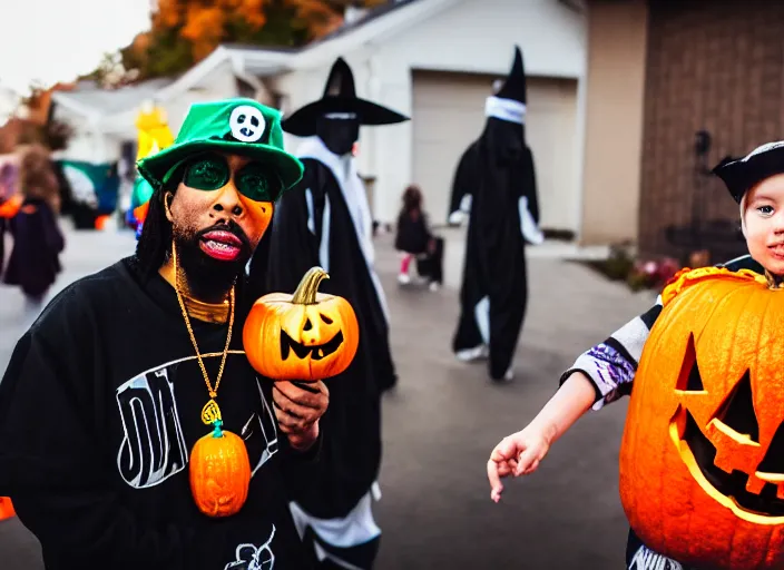 Image similar to dslr photo still of odb of wu tang clan trick or treating on halloween, 4 k, 1 2 0 mm f 1 6